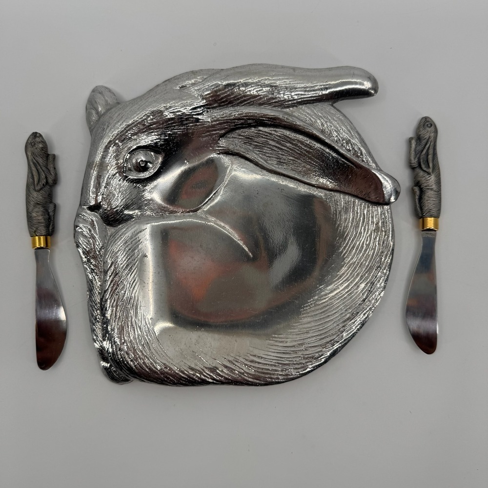 Vtg 1988 Arthur Court Rabbit Bunny Cheese Tray & Figural Spreaders Serving Set